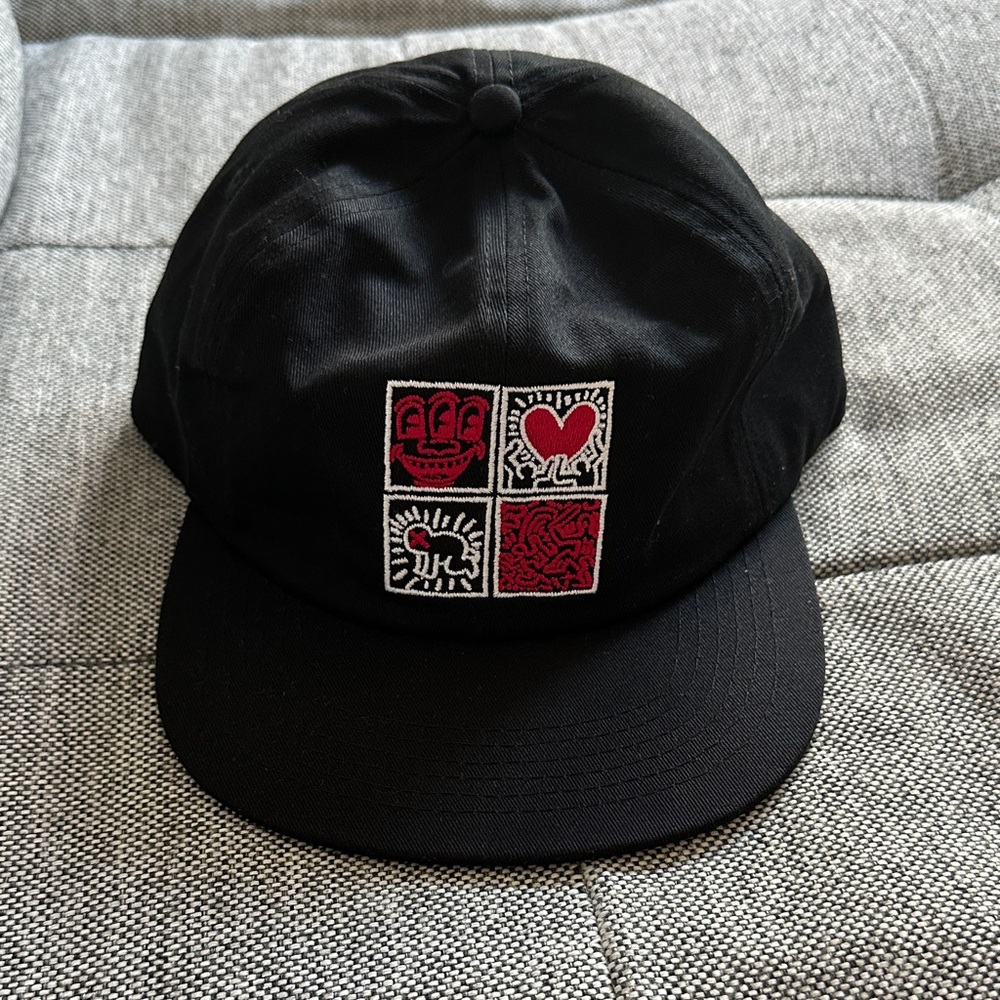 Malbon x Keith Haring Black Cap with Red and White Graphic Patches